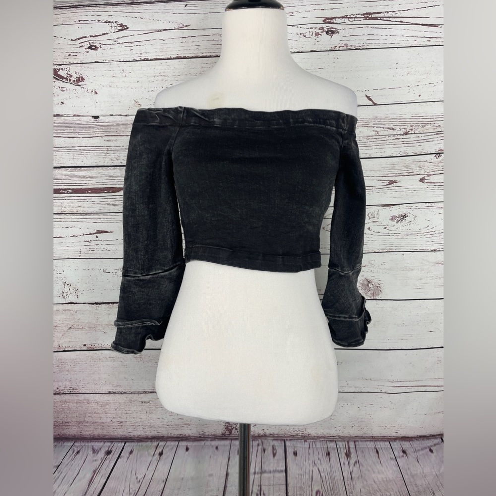 Zara Denim Off The Shoulder Grey Ruffle Top XS Gray Cotton Bell Sleeve
